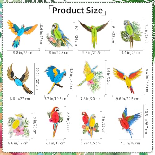 Tropical Parrot Honeycomb Paper Cutouts - 12 PCS Hawaiian Bird Decorations - Color 2