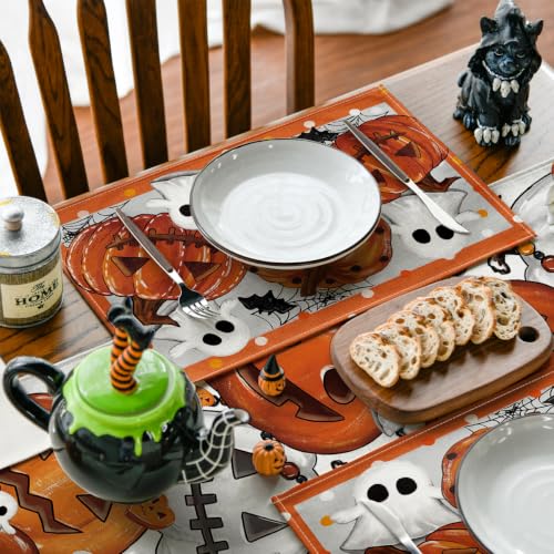 Jack O Lantern Halloween Placemats Set of 4 - 12 x 18 Inch Orange Rectangular
