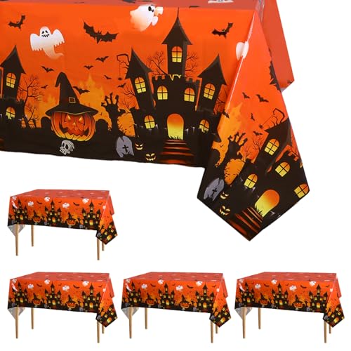 Halloween Tablecloth Set - 4 Pack Rectangle Pumpkin Bat 54x108 Inches Orange Halloween Decor