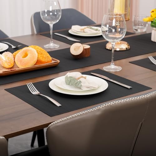 Black Placemats Set of 8 - Large 17x12 Inch PVC Table Mats for Dining