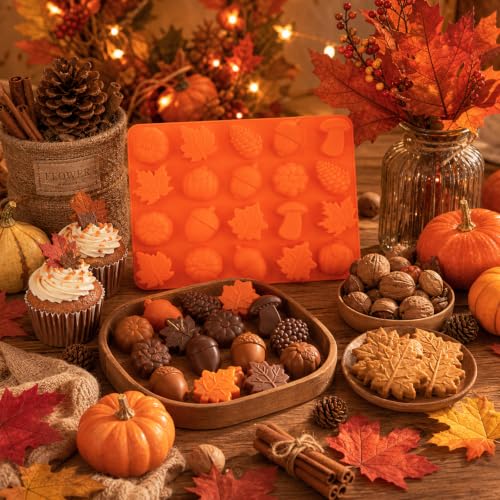 Autumn Silicone Molds - Maple Leaf, Pumpkin, Acorn & Mushroom Shapes for Halloween & Thanksgiving Baking