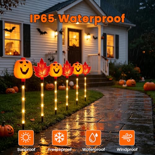 Halloween Solar Pathway Lights - Pumpkin & Leaf Stake Lights with 8 Modes - Outdoor Garden Decor (D - Pumpkin Leaf)