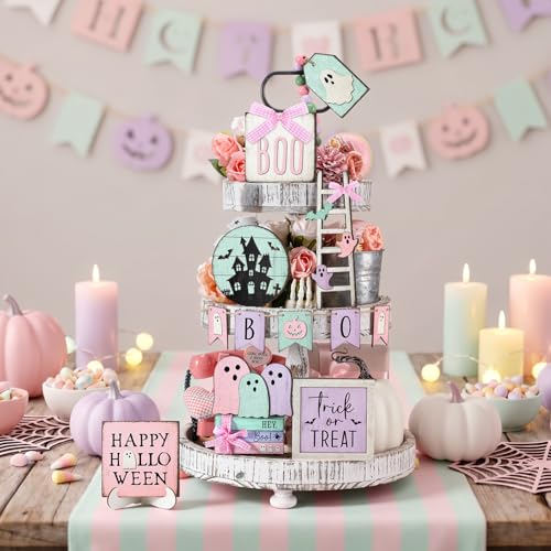 Halloween Tiered Tray Decor Set - Pastel Ghost & Bat Wooden Signs, 19 Pieces