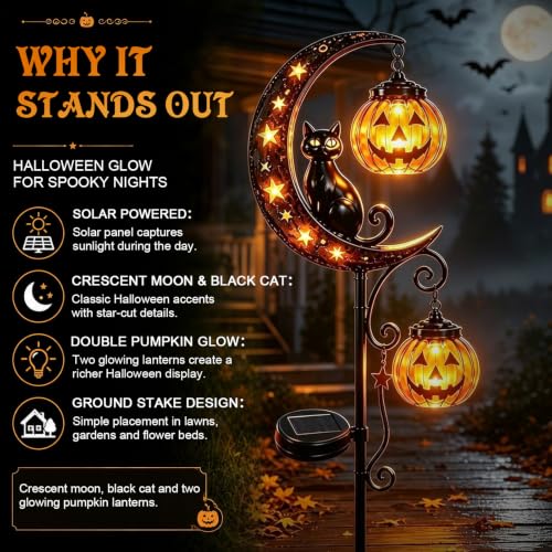 Halloween Garden Stake Light with Lantern and Black Cat Silhouette, Solar Outdoor Decor