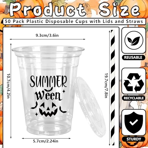 Summerween Disposable Plastic Cups Set with Lids & Straws - Black Pumpkin 12oz, 50 Pack