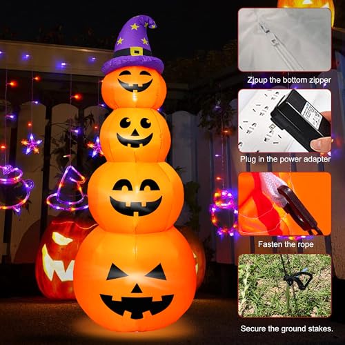 8FT Stacked Pumpkin Inflatable with Witch’s Hat and LED Lights - Halloween Yard Decor