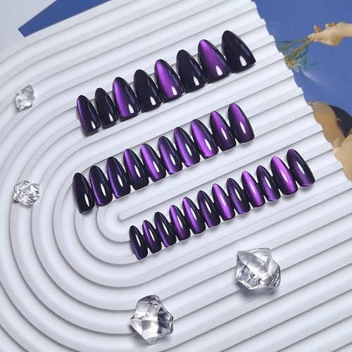 Press On Glitter Cat Eye Nails Medium Almond Black Purple Variation of THIS Listing
