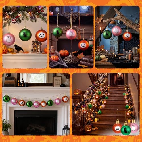 Halloween Ball Ornaments Set - 15 Pcs 2.36 Inch Dark Green Pink Orange Decorations