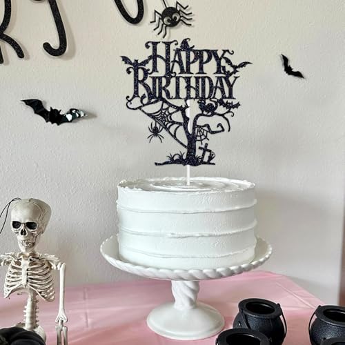 Halloween Birthday Cake Topper - Black Glitter Haunted House Decor, Spooky Party Supplies