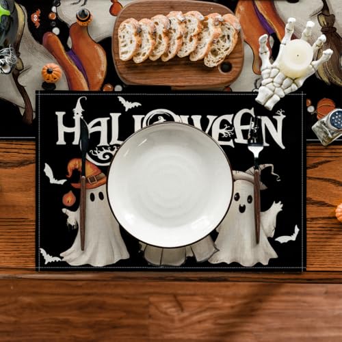 Halloween Ghost Boo Placemats Set of 6 - 12x18 Inch Rectangular Black