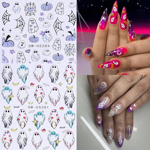Halloween Nail Art Stickers - Ghost Pumpkin Variation, 6 Sheets, 3D Self-Adhesive Decals for Manicure