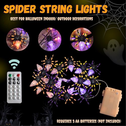Battery-Powered Spooky Glowing Spider Halloween Lights - Waterproof 10FT String with 15 3D Spiders & Remote