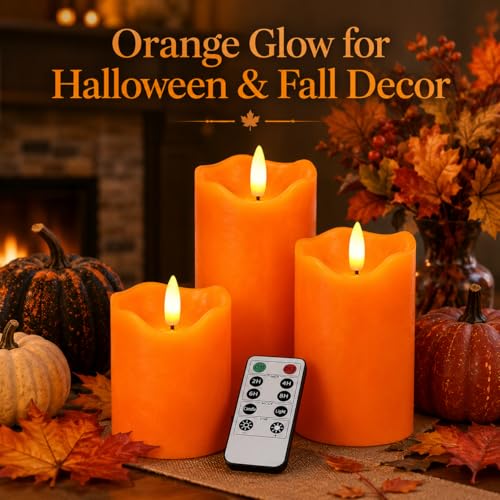 Orange Flameless Pillar Candles Set - 3 Sizes with Remote & Timer - Halloween Decor