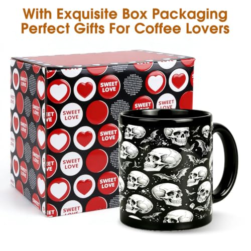 Halloween Skull Mug - Gothic Spooky Skeleton Ceramic Black Cup 11oz - Skull Mug Variation
