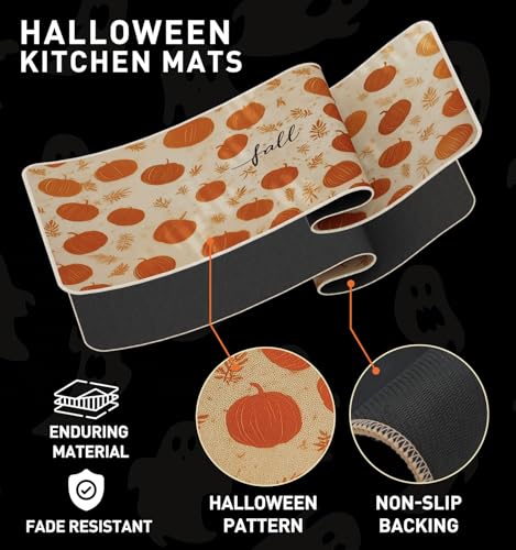 Halloween Kitchen Mat Set of 2 - Pumpkin Fall Design, 17x29 & 17x47 Inches - Orange Variation