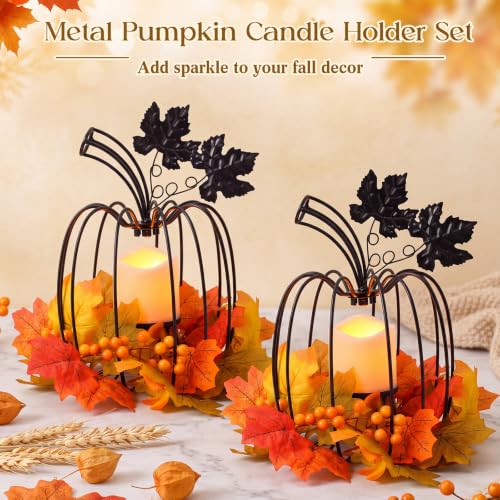 11.5-Inch Black Fall Pumpkin Lanterns with Flickering LED Candles - Set of 2