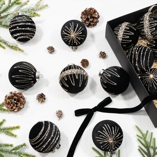 Hismir Velvet Christmas Tree Ornaments - Black 3.15 Inch 12 Pcs Xmas Balls Set