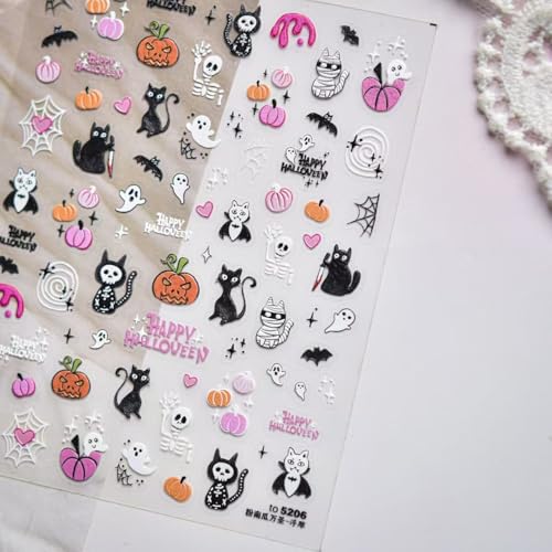 Halloween Ghost Nail Art Stickers 5D Embossed Pumpkin Skull Spider Web - Style C, 2 Sheets