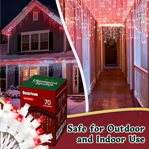 7ft Icicle String Lights - Red & White Twinkle LED Holiday Decor - Waterproof