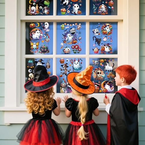 Halloween Party Decorations - 9 Sheets Ghost Bat Spider Vampire Window Clings - Halloweenr Variation
