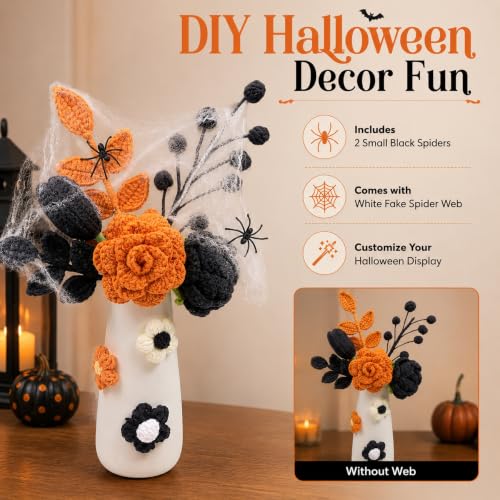 Halloween Crochet Flowers Bouquet with Vase - Black & Orange Handmade Fall Decor