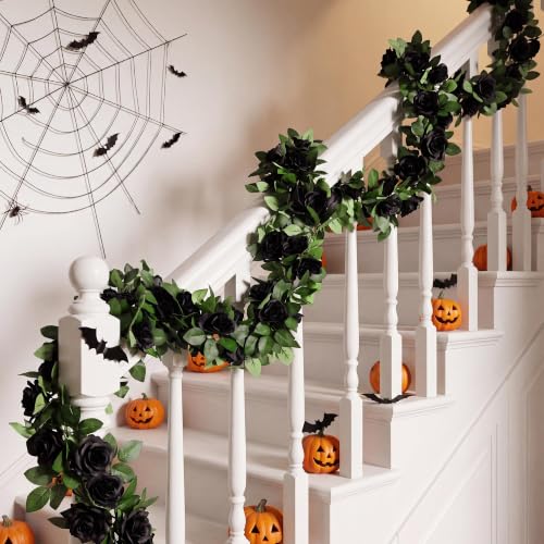 Black Halloween Artificial Flower Garland - 4 Pack, 32 Feet Long Vines with Roses
