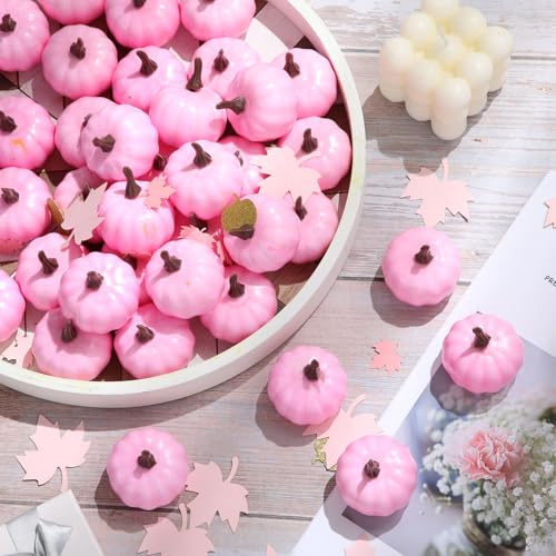 Pink Mini Pumpkins Set - 50 Foam 2 Inch with 100 Confetti for Fall & Events - Variation: Pink / Classic Style