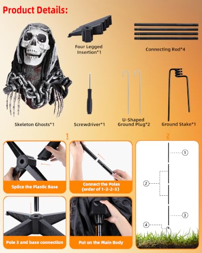 6FT Life-Size Animated Halloween Skeleton Ghosts Outdoor Decor with Sound & Glow