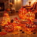 Glass Pumpkin Lights Set - 6 Orange Gold Mercury Glass Decor with Timer