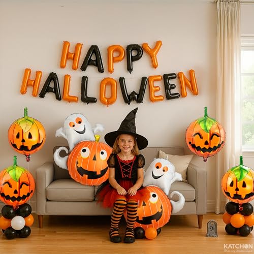Halloween Balloons Banner Set with Ghost and Pumpkin Foil Balloons - Pack of 7