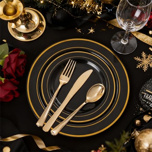 FLOWERCAT 100PCS Black and Gold Disposable Plates Set - Heavy Duty Dinner & Dessert Plates Variation of THIS listing
