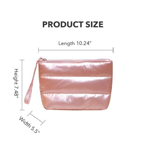 CHIC DIVINNA Quilted Makeup Bag, Pink Metallic Cosmetic Pouch, Puffy Travel Toiletry Bag for Women (Pink)