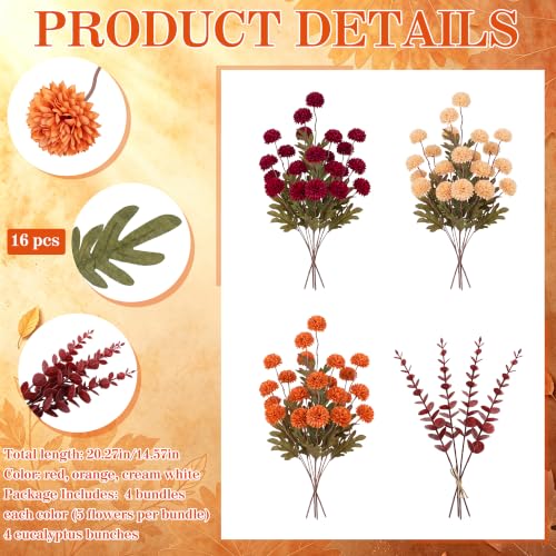 Fall Flowers Artificial Set - 16Pcs Autumn Decor with Orange Red Beige Blooms & Eucalyptus
