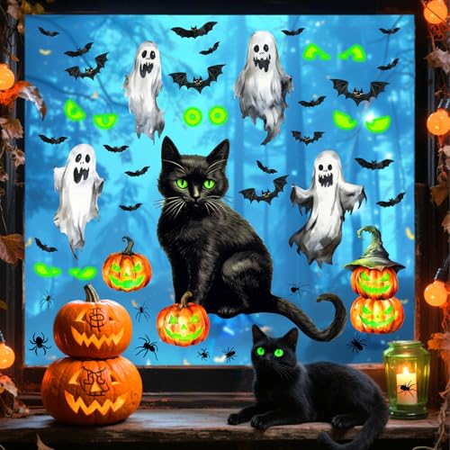 Halloween Ghost Cat Window Clings Pumpkin Bat Eyes Wall Decals - Variation of Cat Ghost