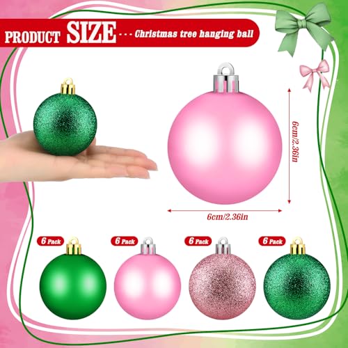 Pink Green Christmas Tree Ornaments Set - Shatterproof 2.4 Inch Xmas Balls