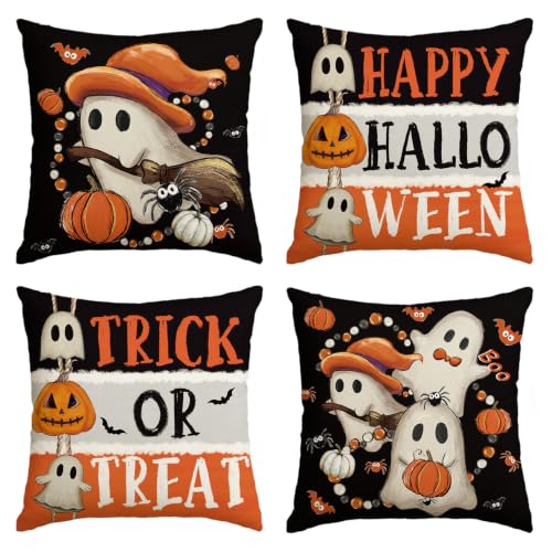 Halloween Pumpkin Ghost Throw Pillow Covers 20x20 Inch Set of 4 - Black