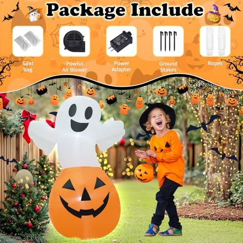 4FT White Ghost Pumpkin Inflatable Halloween Decoration with LED Lights - Trick or Treat