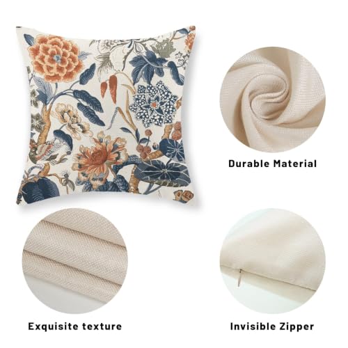 Navy Blue Orange Floral Pillow Covers Set of 2 24x24 Inch Chinoiserie Outdoor Linen
