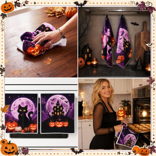 Halloween Kitchen Towels Set of 2 - Microfiber Spooky Cat Pumpkin Design - Halloween Variation