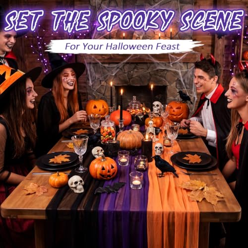 Halloween Table Runner Set - 6 Piece 10ft Chiffon Decorations in Black, Purple, Orange