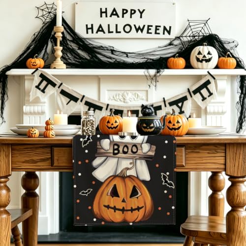 Halloween Table Runner 13x72 Inch Polka Dot Ghost Pumpkin Cat Decor - Black