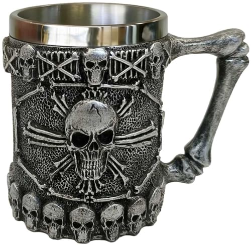 Classic Silver Viking Skull Mug - Pirate Drinkware, 14oz Stainless Steel Coffee & Beer Cup
