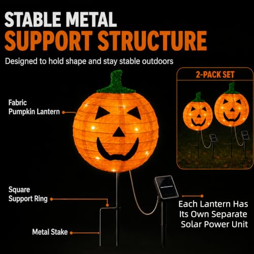 Solar Pumpkin Stake Light with 8 Modes - Halloween Yard Decor, Foldable Fabric Lantern, Metal Stand - Variation 4