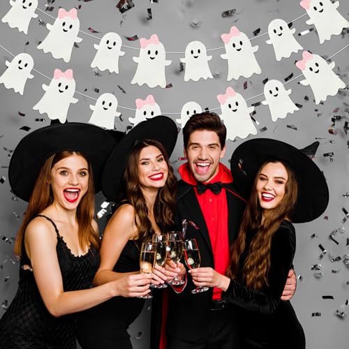 Halloween Ghost Garland Banner - Pink & White Glitter Halloween Decorations - 16 ft Set