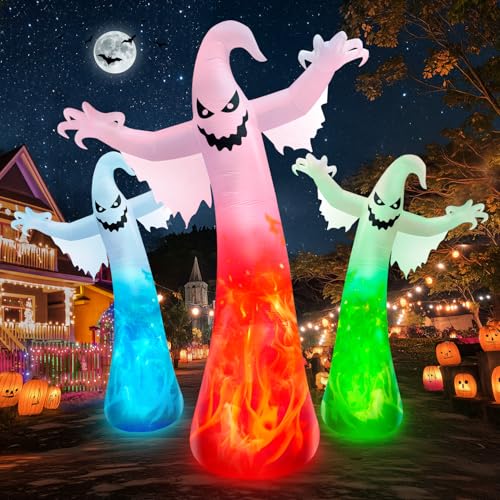 12FT Giant Halloween Inflatable Ghost with 3-Color Rotating Flame LED Lights