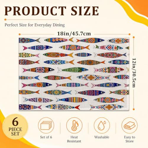 Colorful Fish Linen Placemats Set of 6 - Waterproof Washable Table Mats