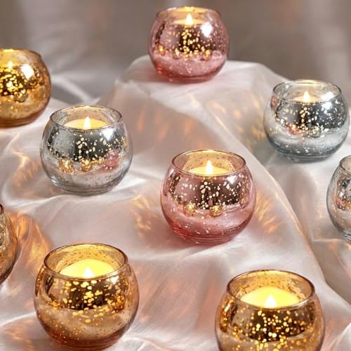 Votive Candle Holders Set - Speckled Mercury Glass with Tea Lights, Silver, 24 Pieces