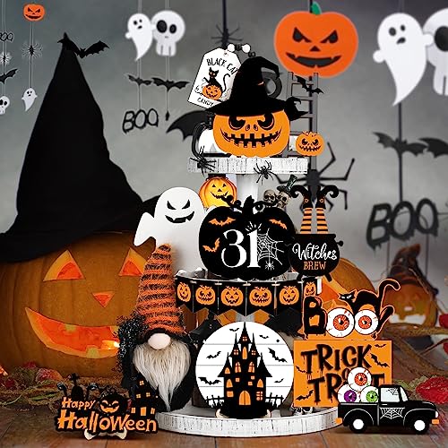 Halloween Wooden Tiered Tray Decor Set with Plush Gnome - 18 Pieces