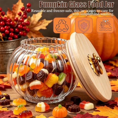 Halloween Pumpkin Jar with Lid - Airtight Glass Candy Canister for Party Decor