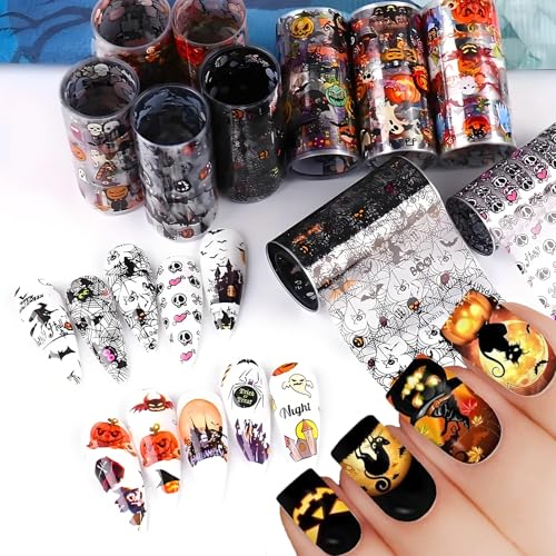 Halloween Nail Foil Transfer Stickers Set - Halloween Style 3, Pumpkin Skull & Bat Design
